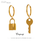 Asymmetrical Lock Key Hoop Earrings 18K Plated Stainless Steel Jewelry