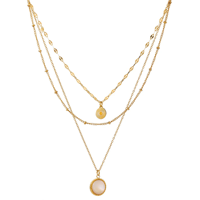 Bohemian Round Pendant Stainless Steel Necklace Chain Metal Texture Collar