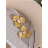 Charm Fan Pearl Flowers Big Stud Earrings Women