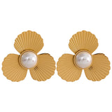 Charm Fan Pearl Flowers Big Stud Earrings Women