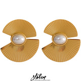 Charm Fan Pearl Flowers Big Stud Earrings Women