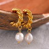 Twisted Texture Pearl Drop Earrings Golden PVD Waterproof Jewelry