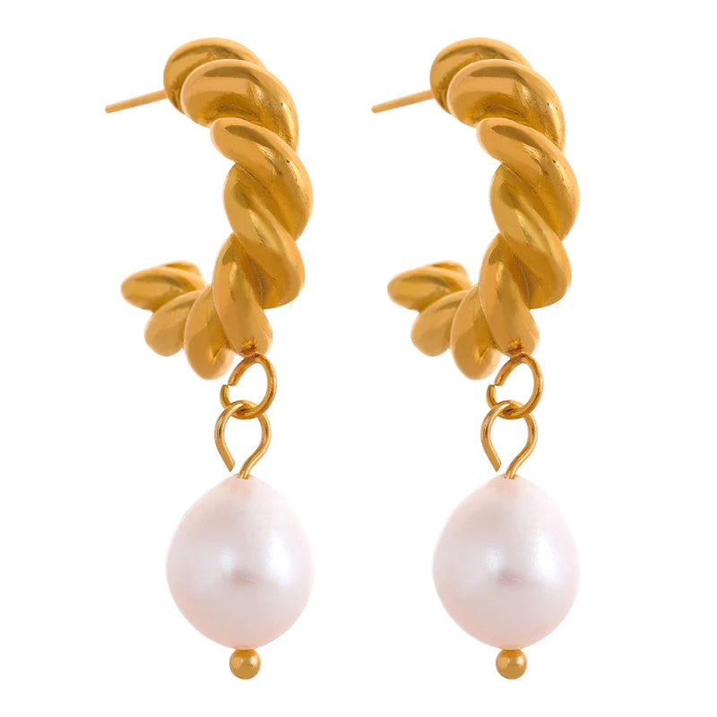Twisted Texture Pearl Drop Earrings Golden PVD Waterproof Jewelry