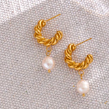 Twisted Texture Pearl Drop Earrings Golden PVD Waterproof Jewelry