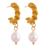 Twisted Texture Pearl Drop Earrings Golden PVD Waterproof Jewelry