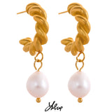 Twisted Texture Pearl Drop Earrings Golden PVD Waterproof Jewelry