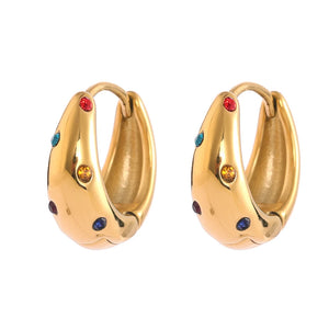 Colorful CZ Round Huggie Earrings Stainless Steel Golden