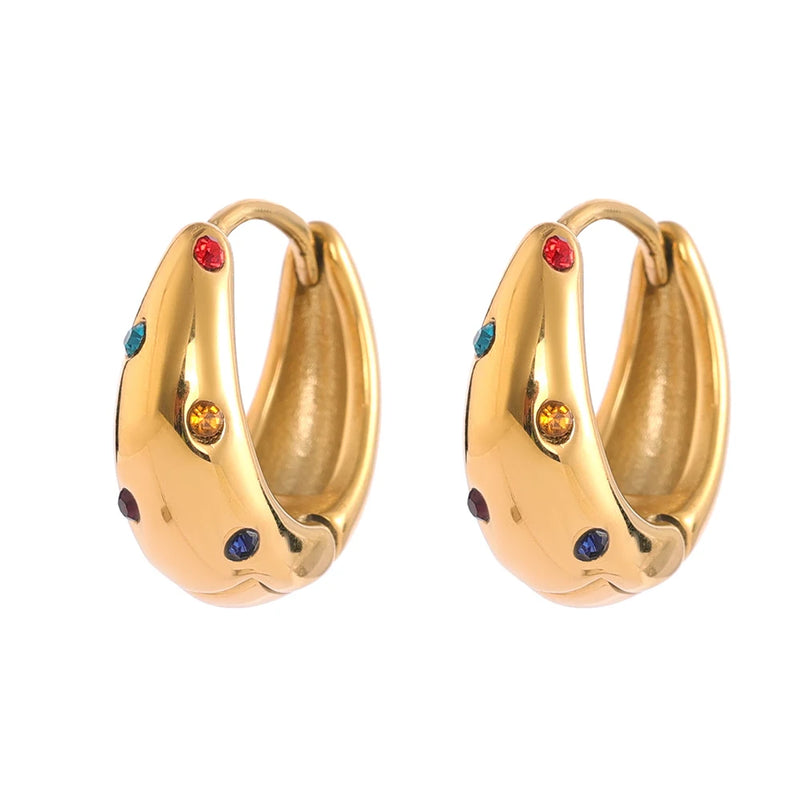 Colorful CZ Round Huggie Earrings Stainless Steel Golden