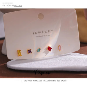 Colorful CZ Stud Earrings Set Geometric Metal Jewelry
