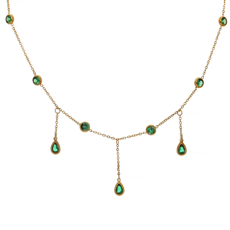 Green Cubic Zirconia Charm Stainless Steel Necklace