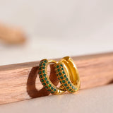 Green CZ Stone Stainless Steel Hoop Earrings Waterproof Daily Jewelry Women