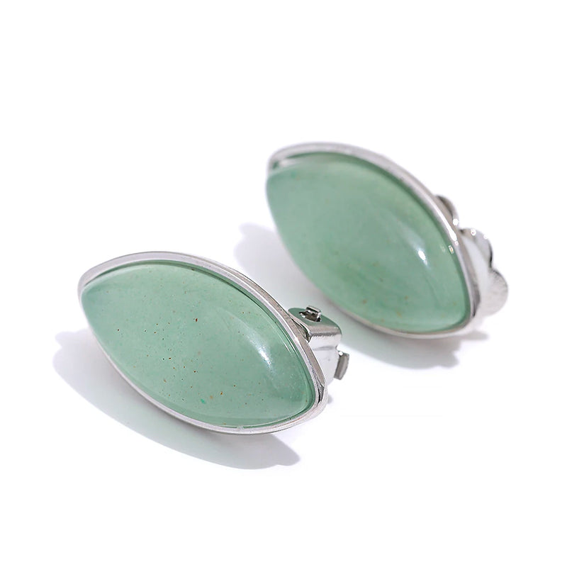 Green Aventurine Agate Ellipse Ear Clip Earrings