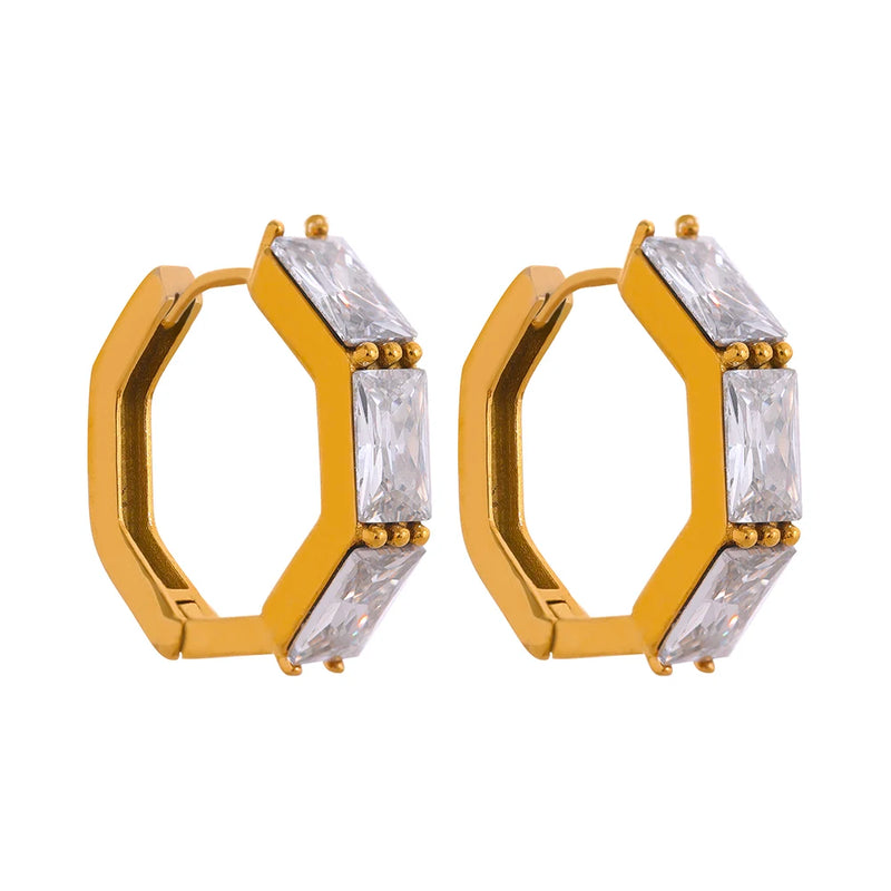 Green Cubic Zirconia Stainless Steel Hoop Huggie Earrings 18k Plated