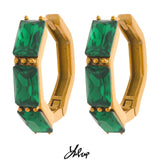 Green Cubic Zirconia Stainless Steel Hoop Huggie Earrings 18k Plated