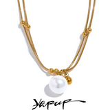 Stainless Steel Pearl Beads Chain Pendant Necklace Silver Jewelry