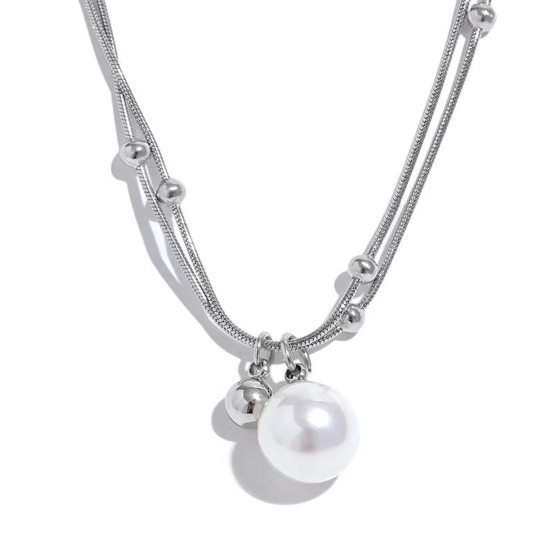 Stainless Steel Pearl Beads Chain Pendant Necklace Silver Jewelry