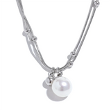 Stainless Steel Pearl Beads Chain Pendant Necklace Silver Jewelry