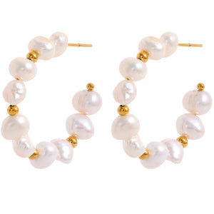 Irregular Natural Pearls Beads Steel Hoop Earrings 18k Plated Women