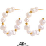 Irregular Natural Pearls Beads Steel Hoop Earrings 18k Plated Women