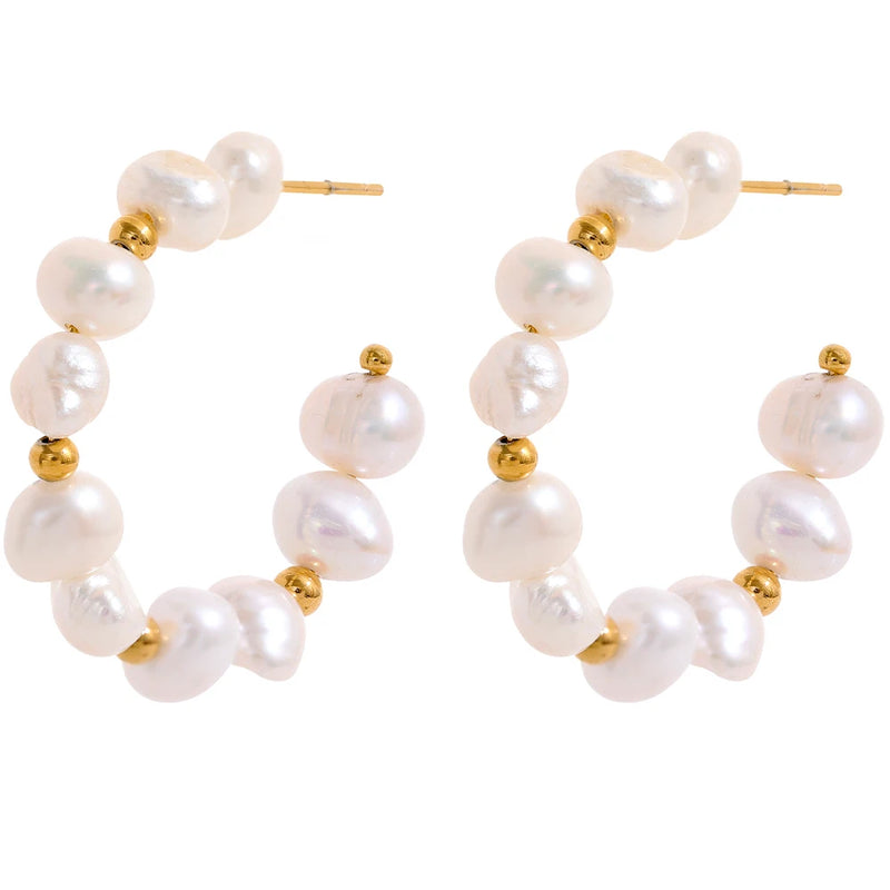 Irregular Natural Pearls Beads Steel Hoop Earrings 18k Plated Women