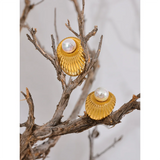 Shell Pearls Stainless Steel Oval Leaf Stud Earrings Golden