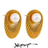 Shell Pearls Stainless Steel Oval Leaf Stud Earrings Golden