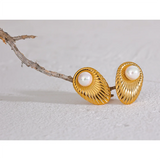 Shell Pearls Stainless Steel Oval Leaf Stud Earrings Golden