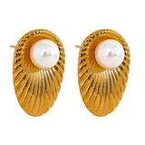 Shell Pearls Stainless Steel Oval Leaf Stud Earrings Golden