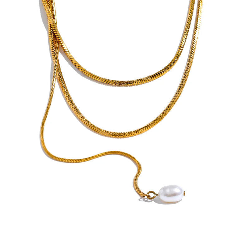 316l Stainless Steel Layered Overlay Long Chain Natural Pearl Necklace