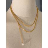 316l Stainless Steel Layered Overlay Long Chain Natural Pearl Necklace
