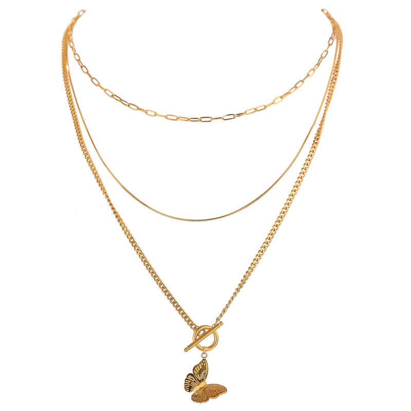 Butterfly Layered Pendant Necklace Stainless Steel 18K Metal Women Necklace