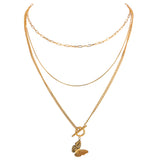 Butterfly Layered Pendant Necklace Stainless Steel 18K Metal Women Necklace