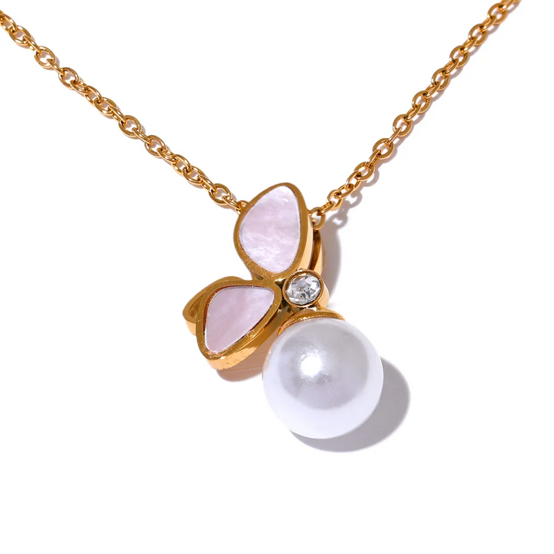 Shell Butterfly Pearl Pendant Necklace Stainless Steel Jewelry Gift