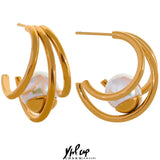 Shell Pearl Hoop Earrings Geometric Texture Golden Jewelry for Women