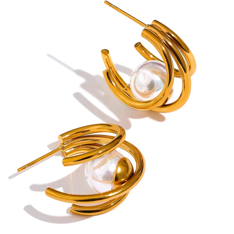 Shell Pearl Hoop Earrings Geometric Texture Golden Jewelry for Women