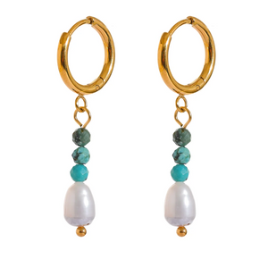 Stainless Steel Natural Stone Freshwater Pearl Bead Drop Hoop Earrings