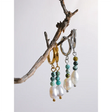 Stainless Steel Natural Stone Freshwater Pearl Bead Drop Hoop Earrings
