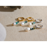 Stainless Steel Natural Stone Freshwater Pearl Bead Drop Hoop Earrings