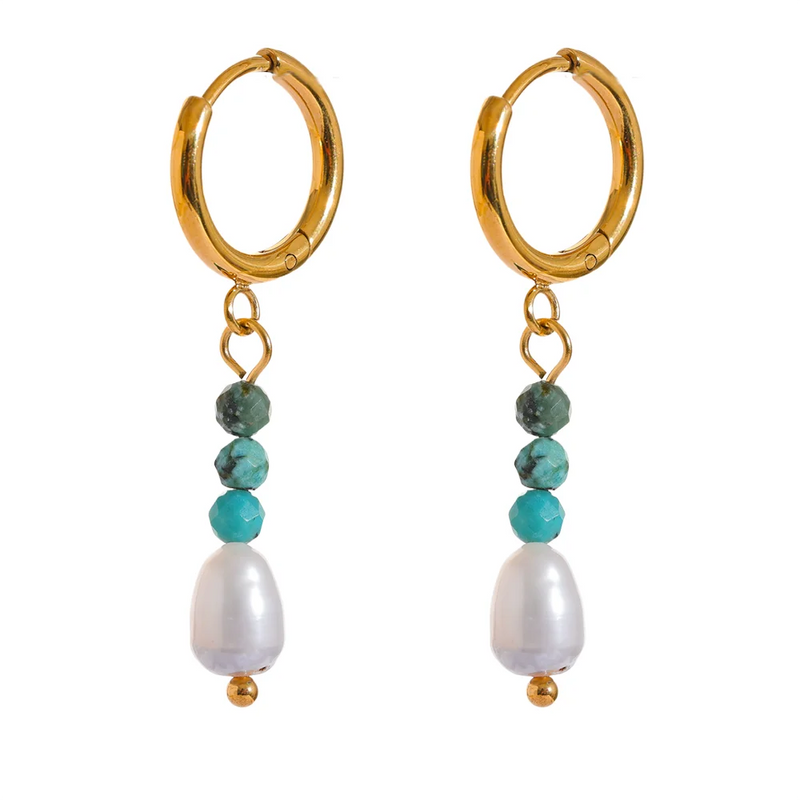Stainless Steel Natural Stone Freshwater Pearl Bead Drop Hoop Earrings