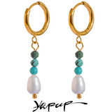 Stainless Steel Natural Stone Freshwater Pearl Bead Drop Hoop Earrings