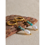 Stainless Steel Natural Stone Freshwater Pearl Bead Drop Hoop Earrings