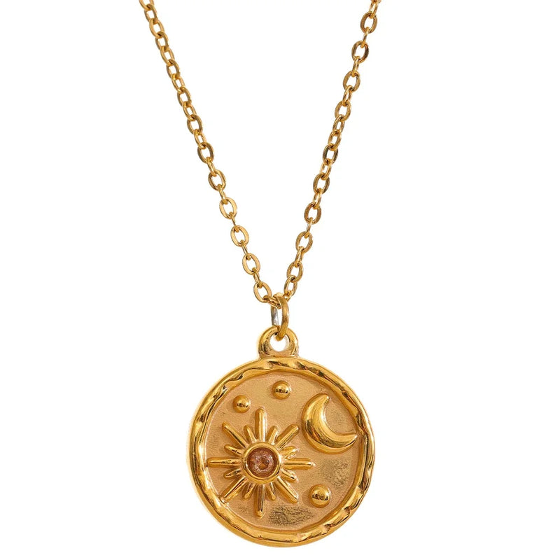 Celestial Sun Moon Pendant Necklace Stainless Steel Charm Jewelry