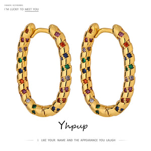 Rainbow CZ Hoop Earrings High Cubic Zirconia Geometric Hollow Charm Jewelry