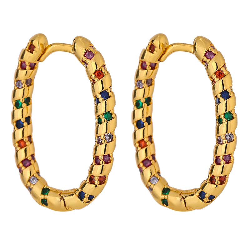 Rainbow CZ Hoop Earrings High Cubic Zirconia Geometric Hollow Charm Jewelry