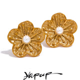 Flower Pearls Stud Earrings Stainless Steel Waterproof Jewelry Women