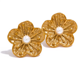 Flower Pearls Stud Earrings Stainless Steel Waterproof Jewelry Women