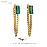 Green Crystal Chain Drop Earrings Stainless Steel Jewelry