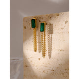 Green Crystal Chain Drop Earrings Stainless Steel Jewelry