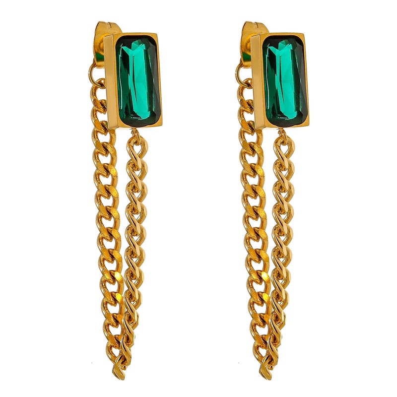 Green Crystal Chain Drop Earrings Stainless Steel Jewelry