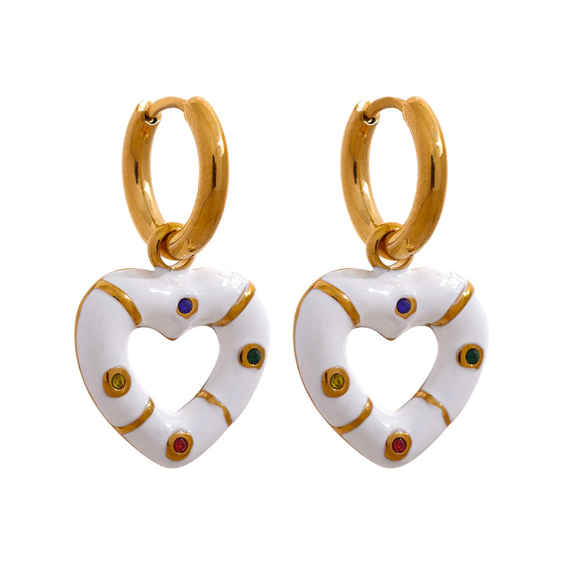 Pink Enamel Heart Drop Hoop Earrings Zircon Charm Jewelry
